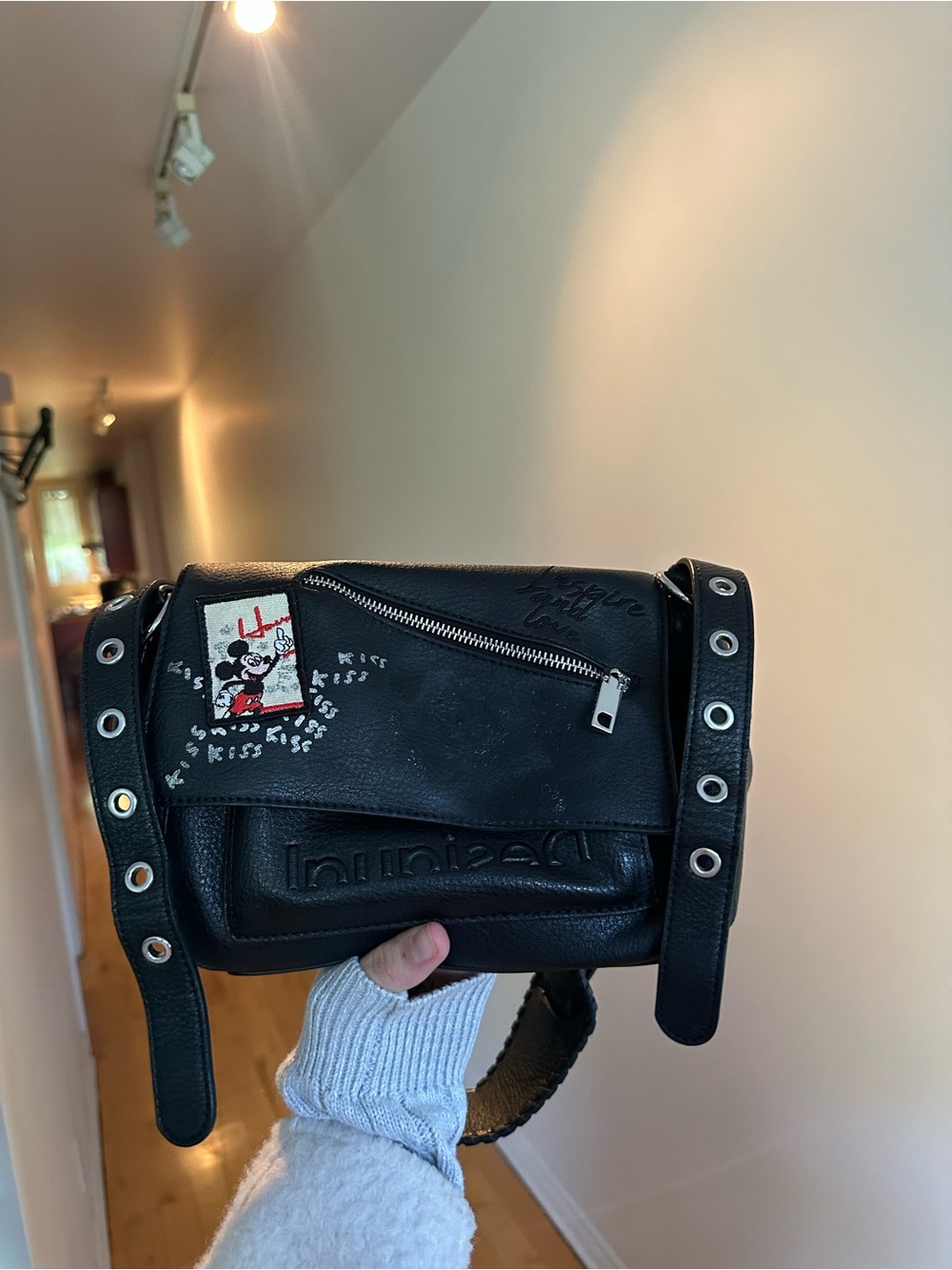 Desigual X disney Black Leather Belt Bag with Grommet Strap and Patch